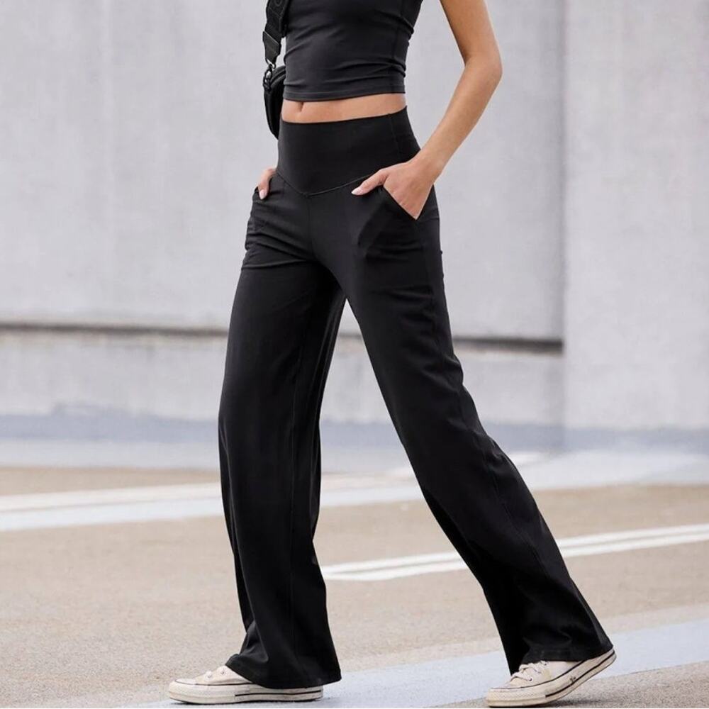 Aerie Real Me Xtra High Rise Wide Leg Trousers Size M Black Athleisure Lounge